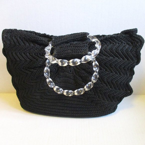 *Vintage Black Crochet Soft Satchel Lucite Swirl Handles